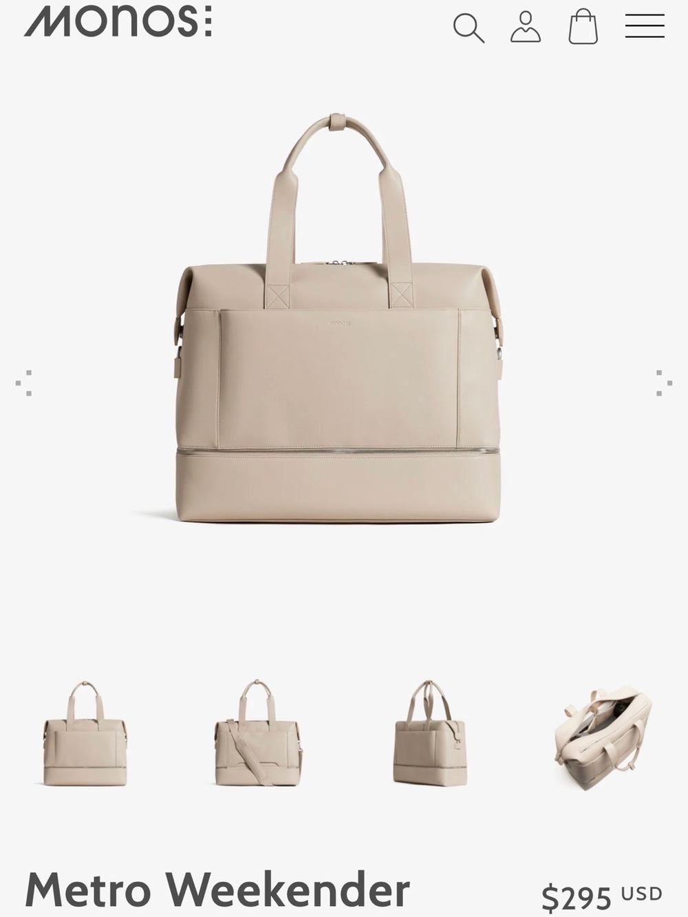 Monos Metro Weekender Bag Ivory Vegan Leather Travel Duffel Large